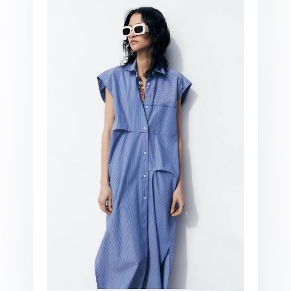 Zara Blue Striped Oversized Shirt Dress